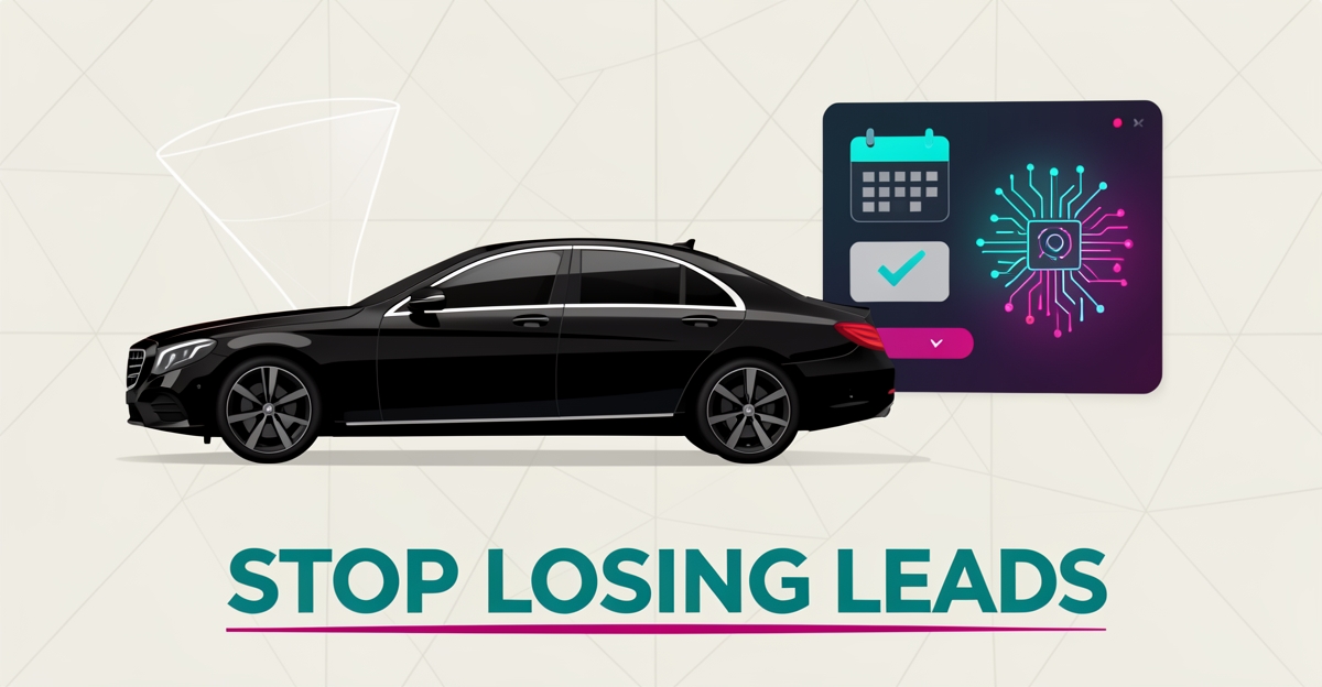 Flat illustration of a black luxury sedan beside a stylized AI booking interface with teal and magenta accents and the headline Stop Losing Leads.