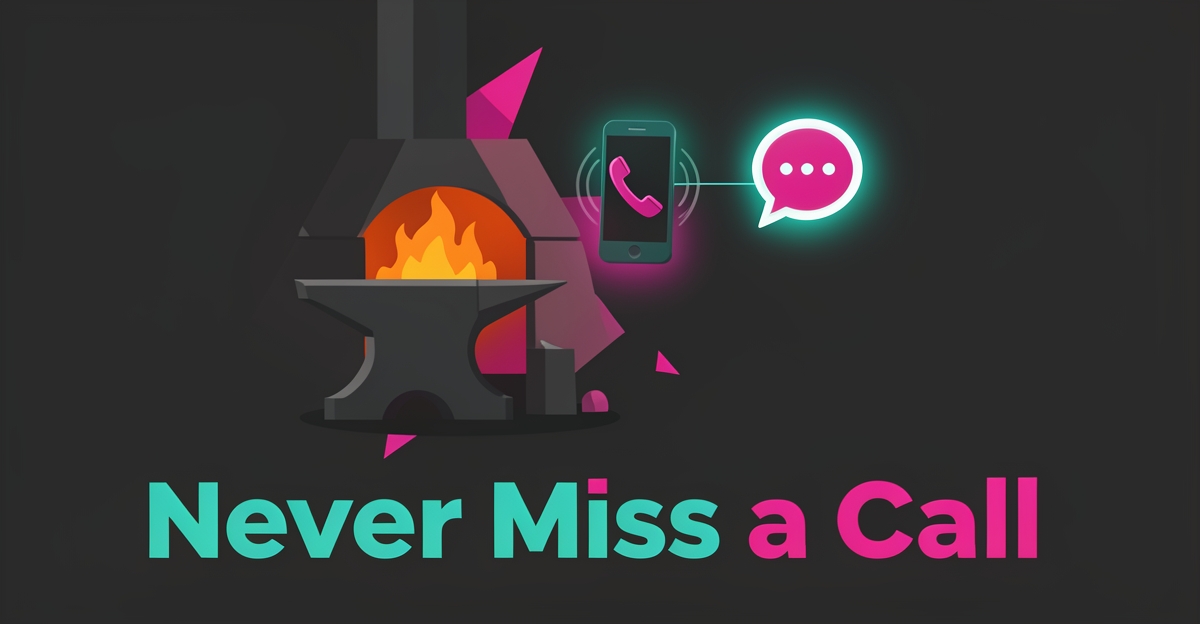 Flat illustration of a blacksmith forge and anvil beside a smartphone with AI call-assistant icons, accented in teal and magenta, with headline reading Never Miss a Call.