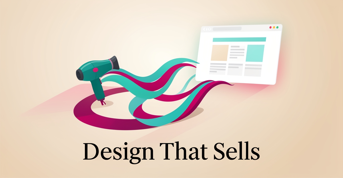 Flat illustration of a hair dryer with ribbon-like strands flowing into a glowing website window, symbolizing storytelling in blow dry bar web design.