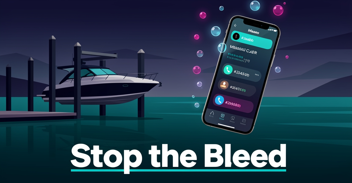 Flat illustration of a boat at a marina with missed call notifications drifting away from a smartphone, symbolizing lost dealership revenue.
