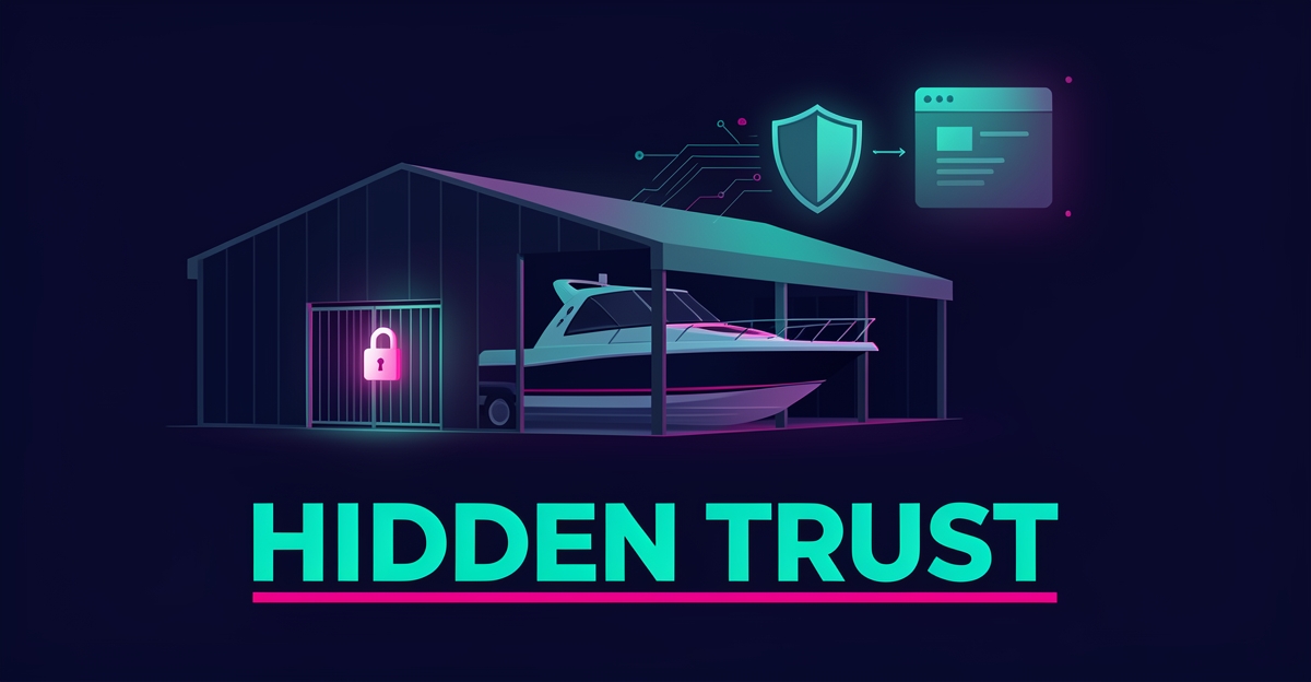 Flat illustration of a boat storage facility at dusk with glowing security padlock and shield icons in teal and magenta, headline reading Hidden Trust.
