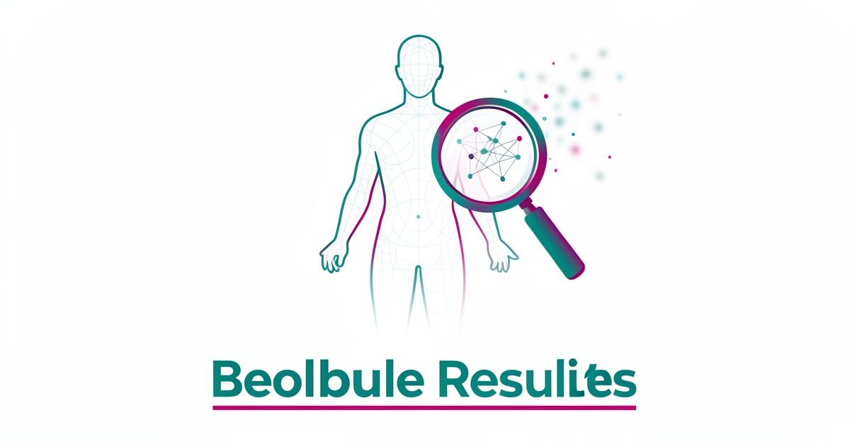 Flat illustration of a body contour silhouette under a magnifying glass with teal and magenta data points, symbolizing transparency in clinic results.
