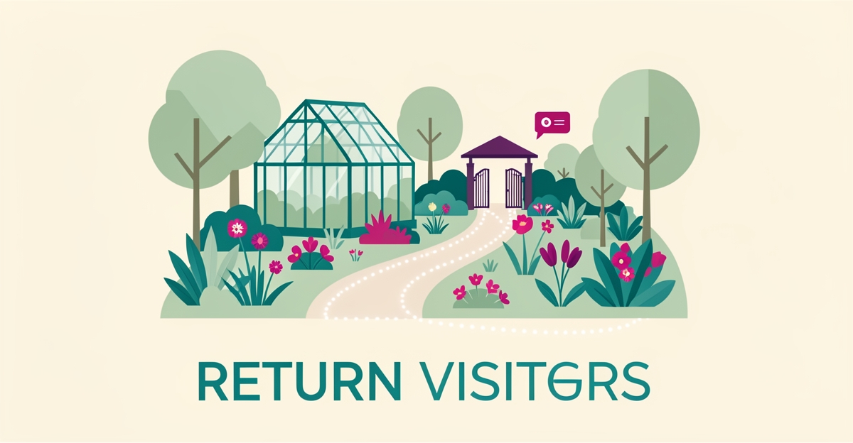 Flat illustration of a botanical garden with a glowing looping path symbolizing visitor retention, accented in teal and magenta.