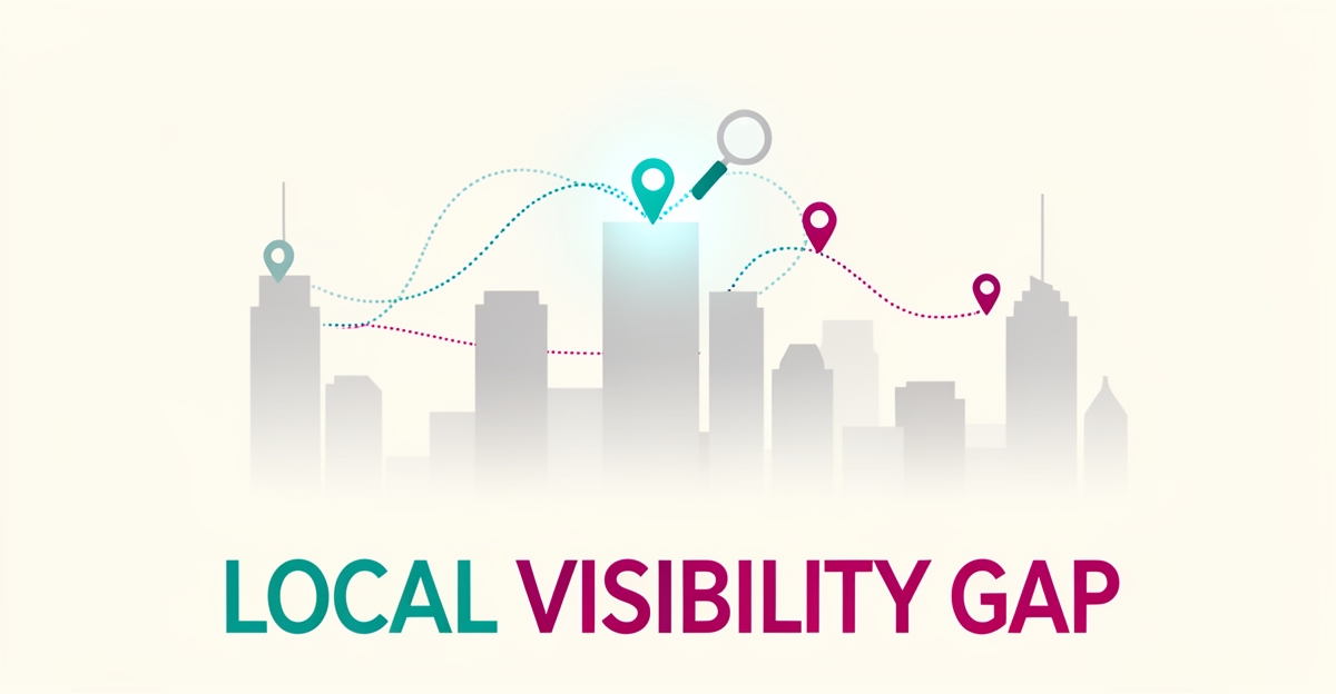 Flat illustration of a city map with one neighborhood highlighted in teal and magenta while adjacent areas fade, symbolizing local search visibility gaps for brokerages.