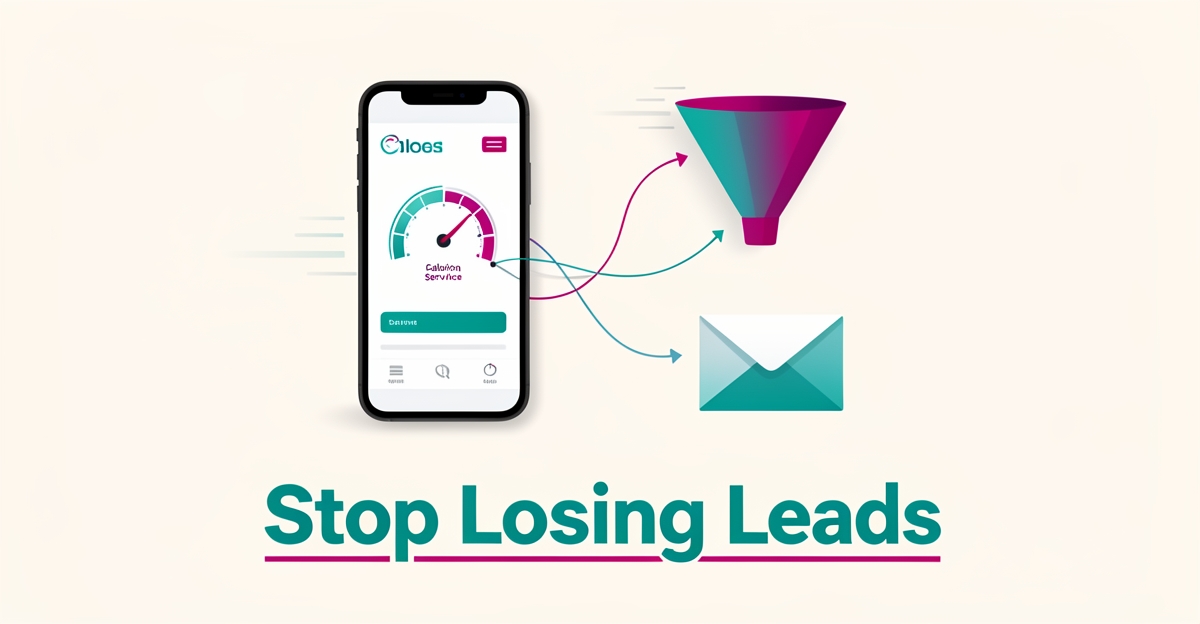 Flat illustration of a smartphone showing a calibration website with speed gauge, funnel, and email icons in teal and magenta, headline reading Stop Losing Leads.