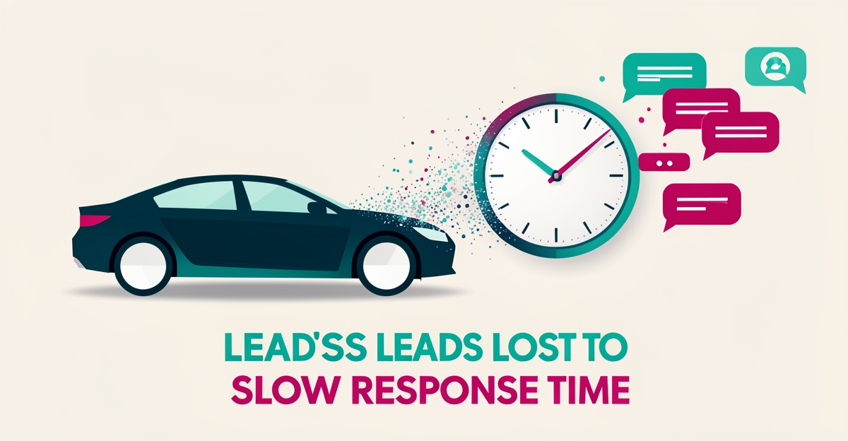 Flat illustration of a car beside a dissolving clock and fading notification bubbles, symbolizing leads lost when responses are delayed.