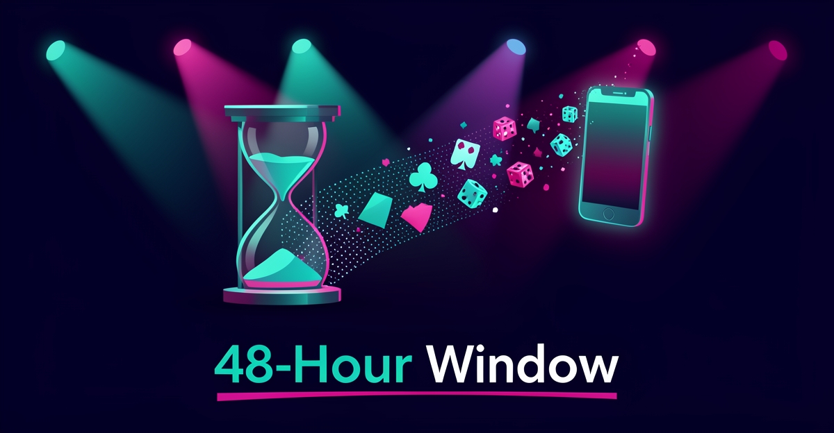 Flat illustration of a casino event funnel with an hourglass showing the 48-hour window to convert attendees into players.