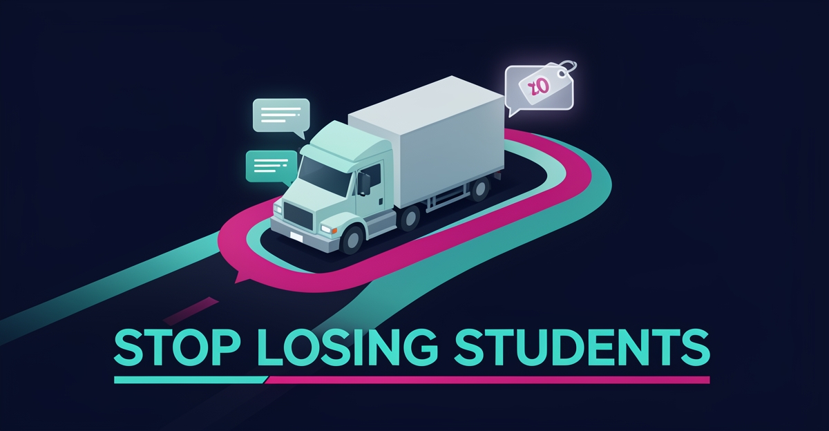 Flat illustration of a semi truck on a clear glowing path with chat bubbles and price tags, symbolizing frictionless CDL school enrollment.