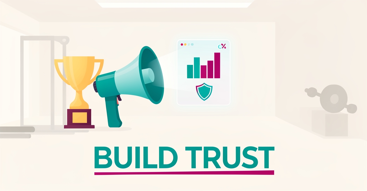 Flat illustration of a cheer gym with a trophy and glowing AI dashboard, accented in teal and magenta, headlined Build Trust.