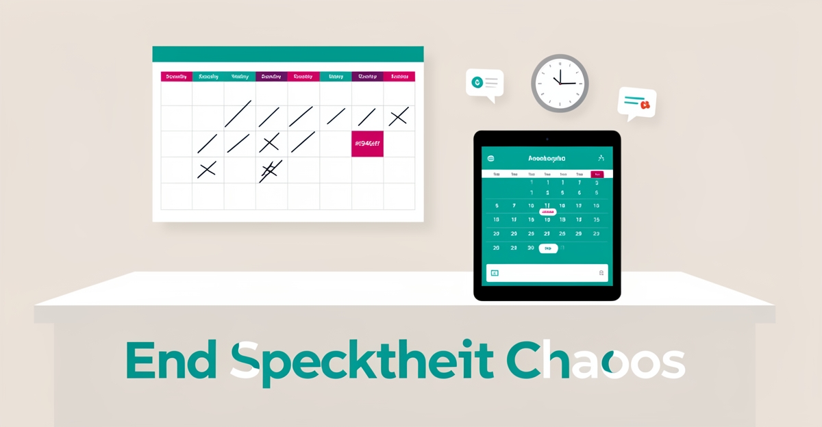 Flat illustration of a cluttered clinic scheduling calendar transitioning to a clean automated booking tablet, symbolizing AI scheduling for chiropractors.