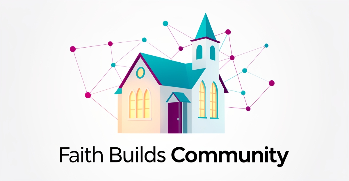 A minimalist flat illustration of a church with light from windows and glowing network lines representing faith and community, featuring the headline 'Faith Builds Community' in the lower third