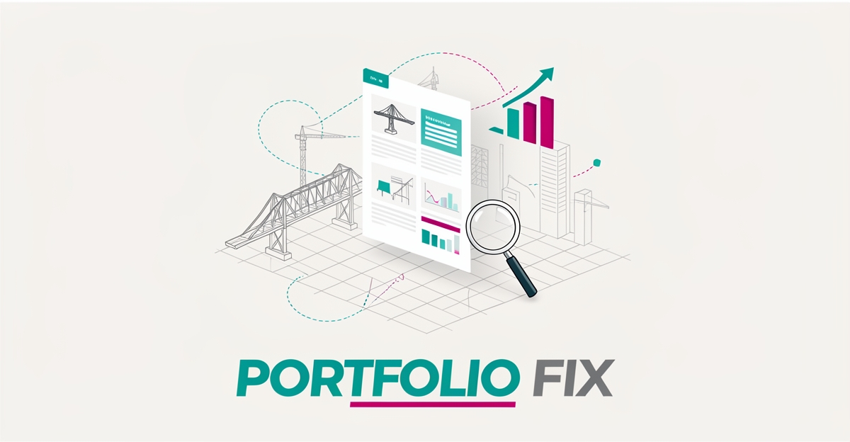 Flat illustration of a civil engineering portfolio with SEO case study elements in teal and magenta, headline reading Portfolio Fix.