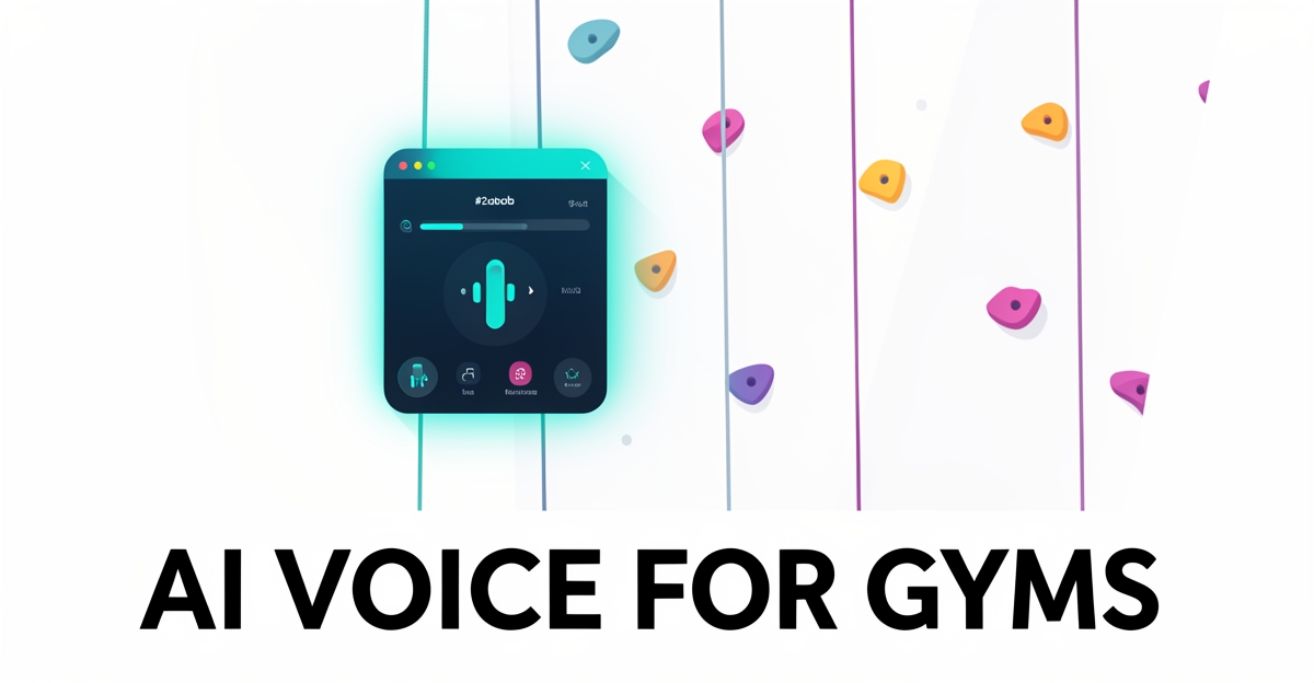 A minimalist flat illustration of an AI voice assistant interface beside a stylized climbing wall, using brand colors as accents, symbolizing automated customer service in climbing gyms