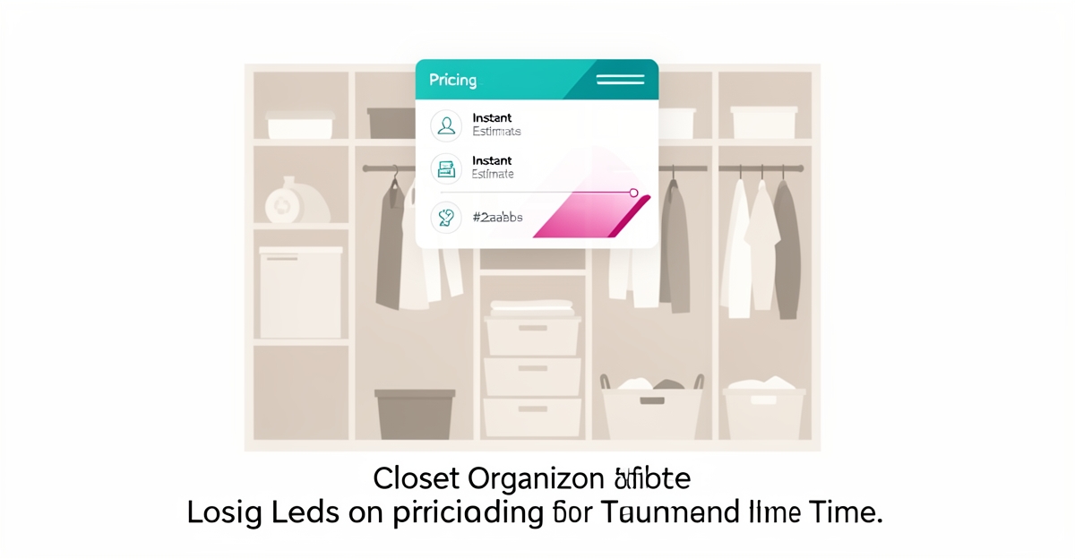 Flat illustration of a modern closet with pricing card and timeline accents highlighting transparent pricing for closet organizers.