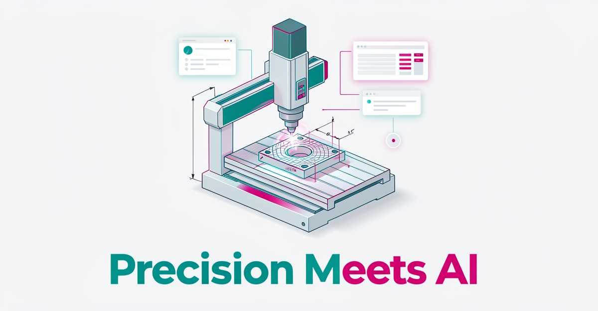 Flat illustration of a CNC milling machine surrounded by AI data nodes, symbolizing AI-optimized machining websites, with headline 'Precision Meets AI'.
