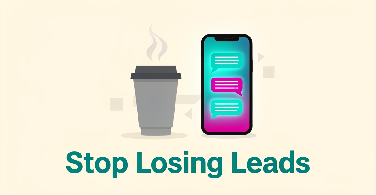 Flat illustration of a coffee cup beside a glowing smartphone with chat bubbles, showing how interactive websites capture coffee shop leads.