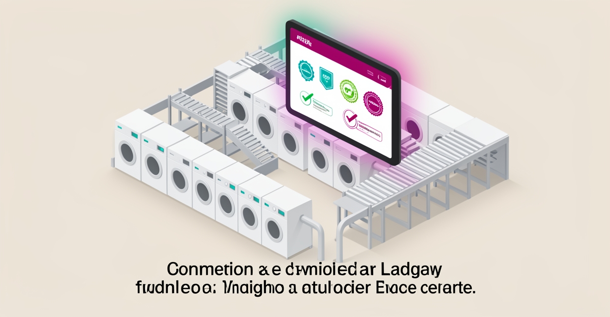 Flat illustration of commercial laundry equipment with a digital screen showing safety certifications and compliance badges.