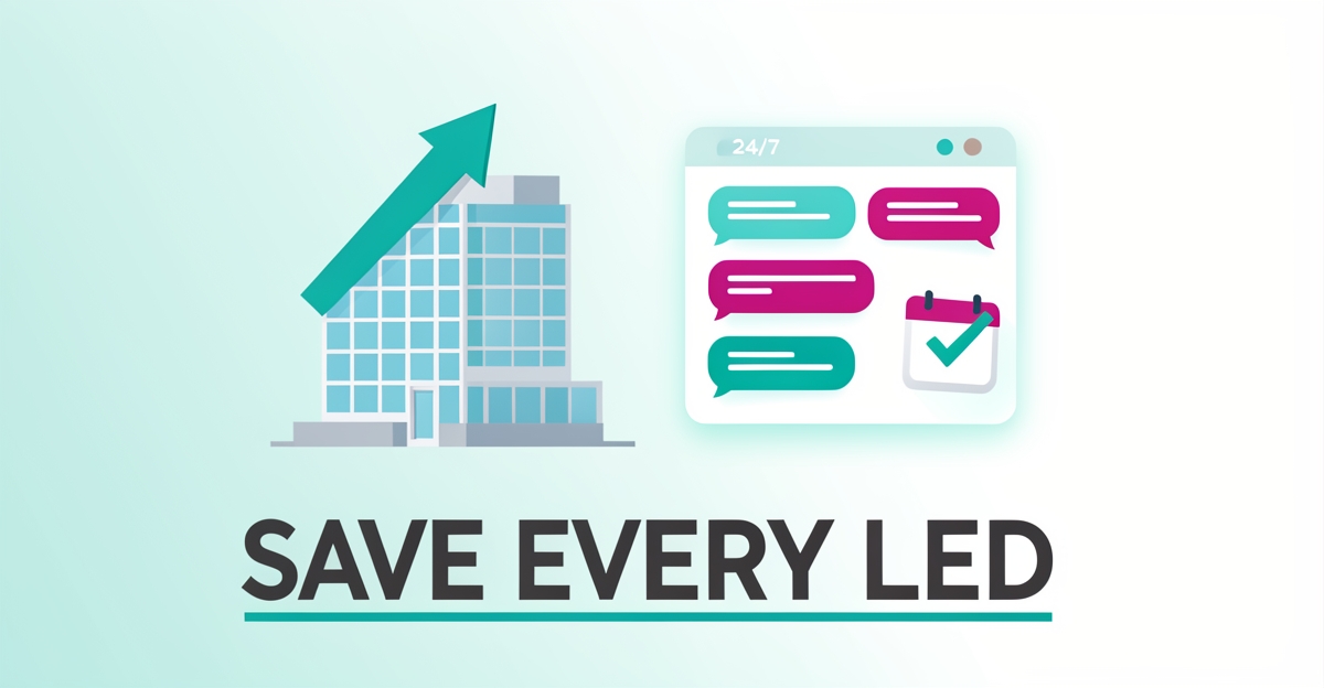 Flat illustration of a commercial building relocation with a glowing AI chat panel converting leads into booked calendar slots, accented in teal and magenta.