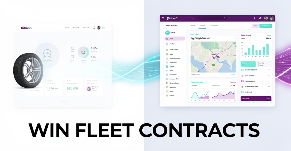 Split-screen illustration contrasting generic tire websites with AI Business Sites' fleet-focused platform, highlighting TCO proof and keyword-structured content to win long-term contracts.