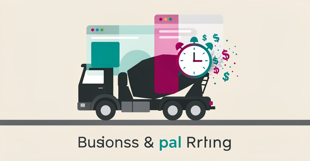 Flat illustration of a concrete mixer truck with digital booking UI and clock showing costly wait time inefficiencies.