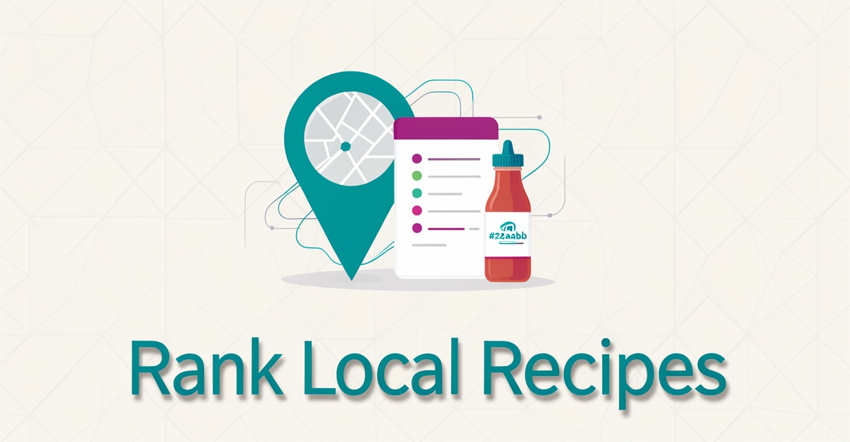Flat illustration of map pin, recipe card, and condiment bottle linked by data lines in teal and magenta accents.