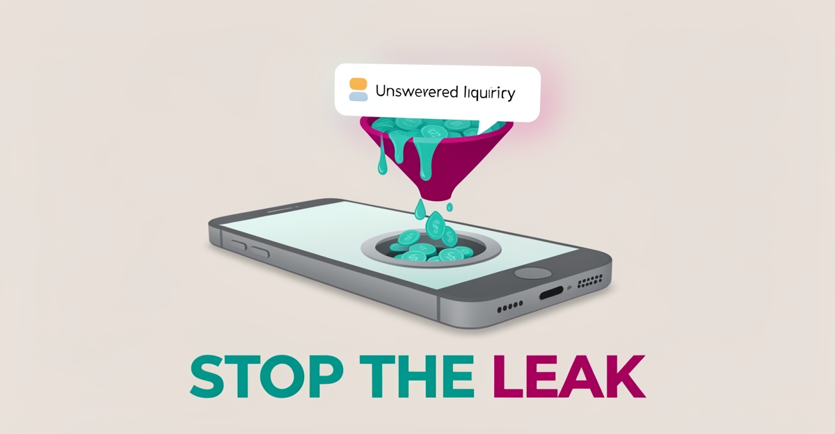Flat illustration of a leaking sales funnel draining teal coins beside a smartphone with an unanswered notification, accented in teal and magenta.