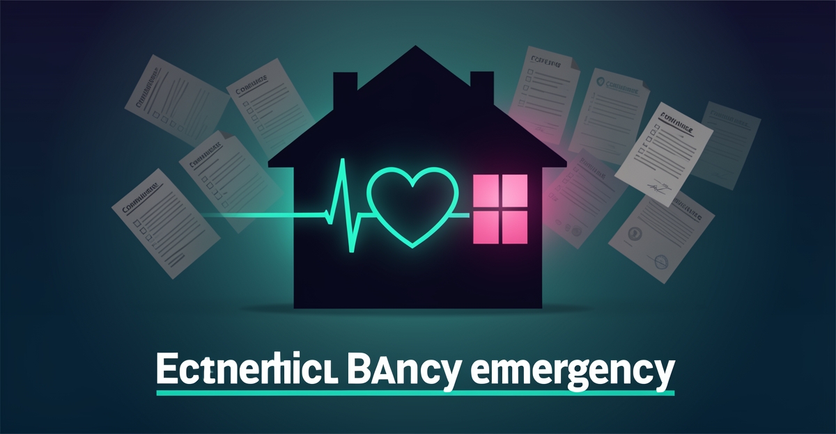 Flat illustration of a home with a glowing teal heartbeat pulse line, symbolizing cardiac arrest preparedness at home versus fading compliance paperwork.