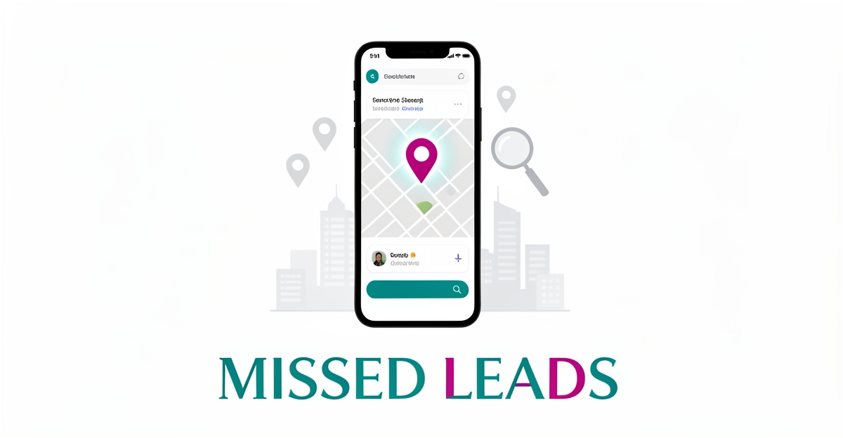 Flat illustration of a smartphone map search with glowing and faded location pins symbolizing missed local Google leads.