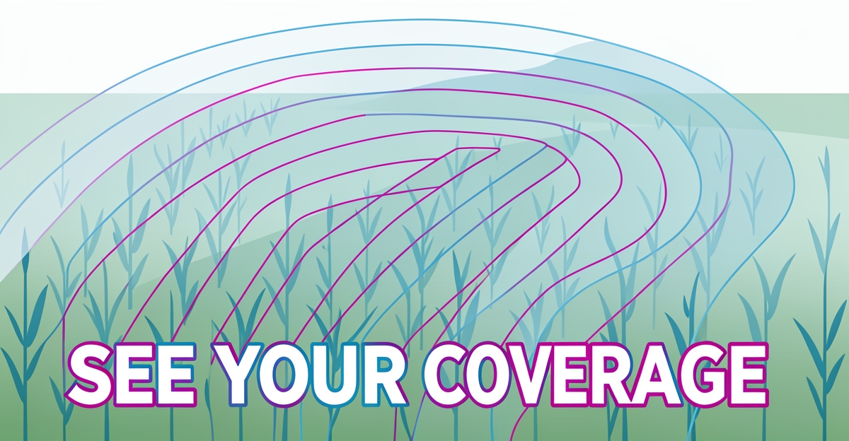 A minimalist flat illustration showing GPS flight paths over a field forming a visible coverage map, with the headline 'See Your Coverage' in the lower third using brand colors.
