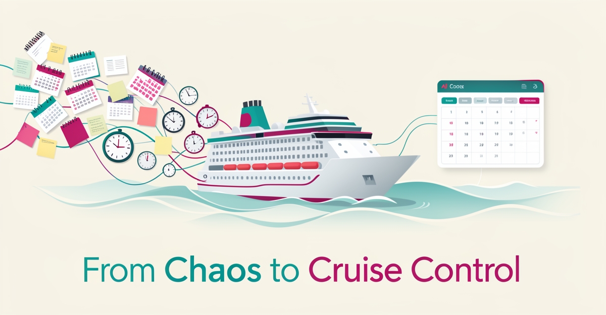 Flat illustration of a cruise ship transitioning from tangled manual scheduling clutter to streamlined AI-powered digital automation in teal and magenta.