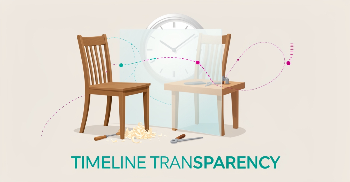Flat illustration of a custom furniture workshop with a clock and timeline path transitioning from hidden to transparent, accented in teal and magenta.