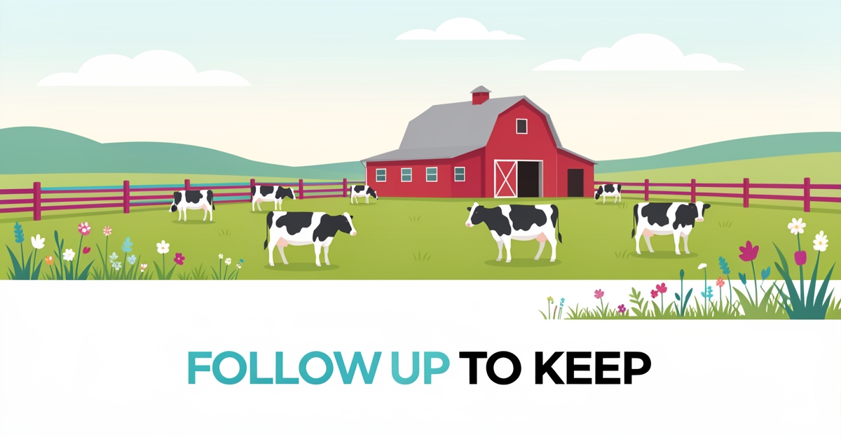 A minimalist flat illustration of a peaceful dairy farm with barn, fields, and cows, using brand colors as subtle accents, designed for a blog about customer retention in agriculture.