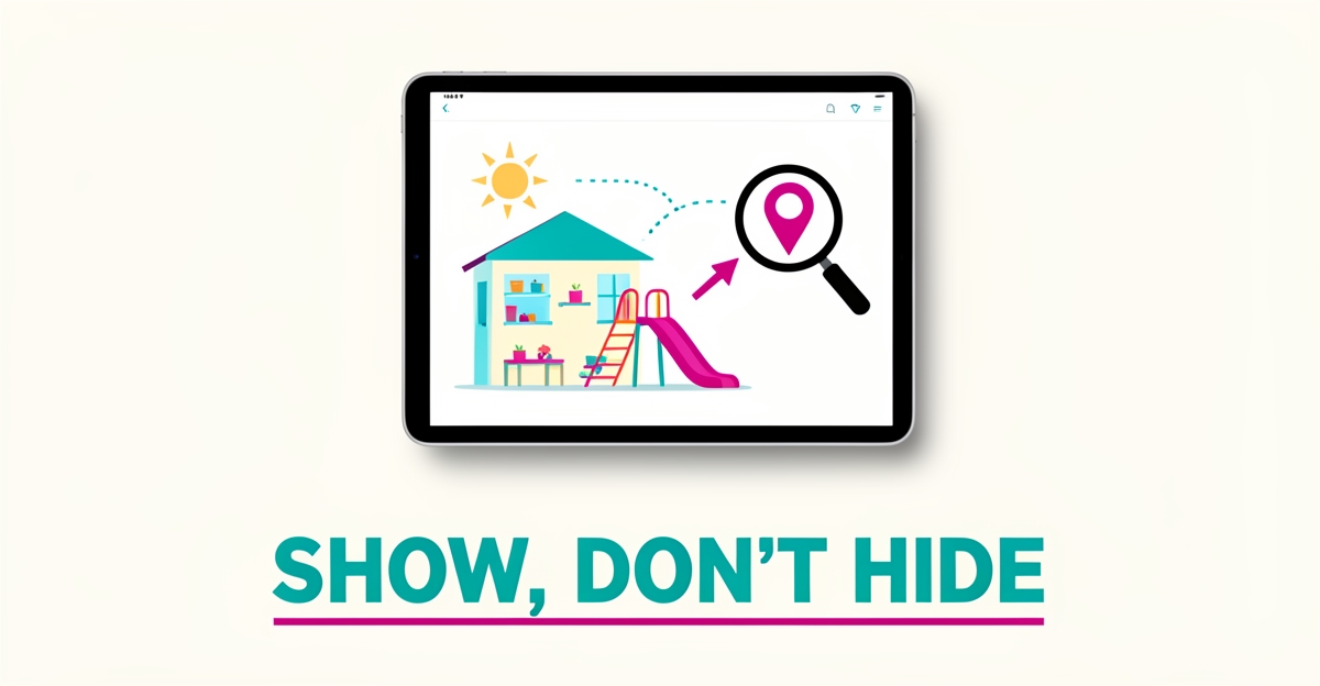 Flat illustration of a daycare facility displayed on a device with search and growth icons, headlined Show Don't Hide.