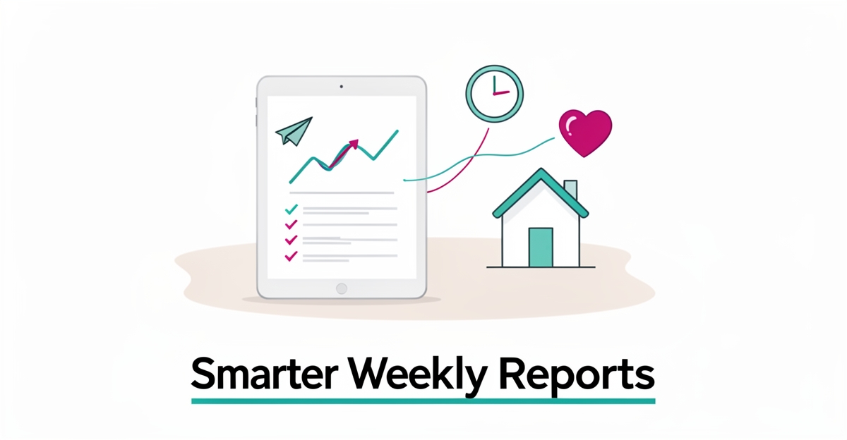Flat illustration of a tablet showing an AI-generated daycare report with teal and magenta accents, symbolizing streamlined parent communication.
