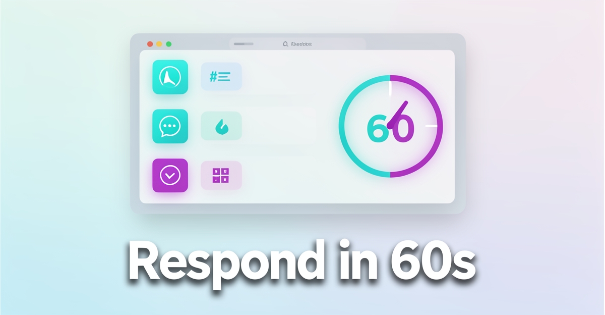 A minimalist digital dashboard with a 60-second countdown timer and notification alerts, using brand colors blue and magenta, illustrating fast lead response for home service businesses.