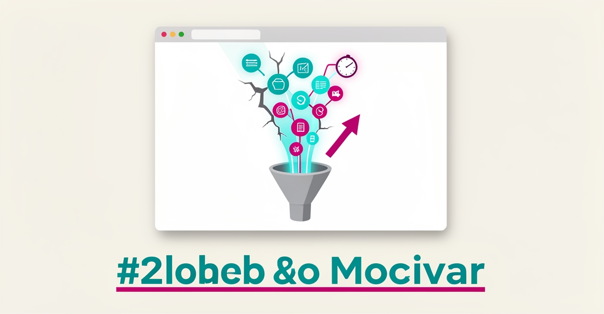 Flat illustration of a website funnel leaking leads, with teal and magenta accents symbolizing conversion fixes.