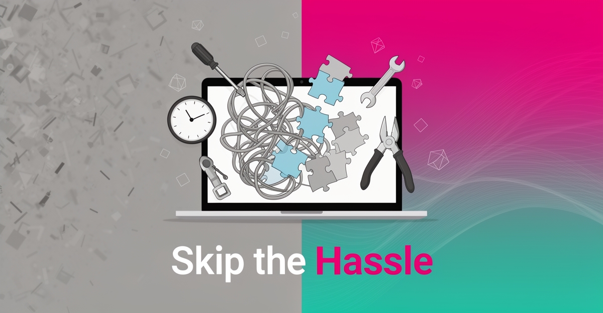 Flat illustration of tangled website template blocks giving way to smooth teal and magenta automated flow lines, with headline Skip the Hassle.