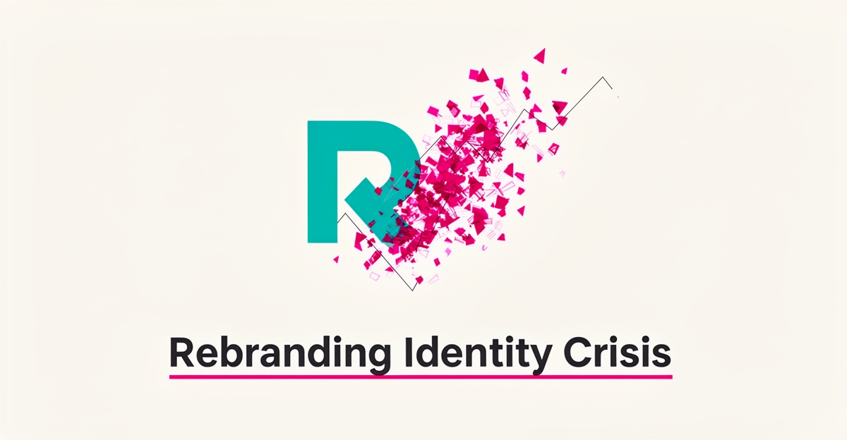 Flat illustration of a brand emblem splitting into fragments in teal and magenta, symbolizing a failed rebrand, with headline 'Why Rebrands Fail'.