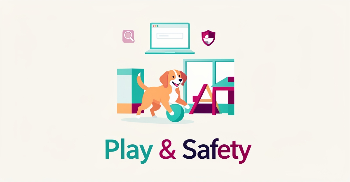 Flat illustration of a dog playing in a daycare with safety shield and search icons, accented in teal and magenta, with headline Play & Safety.