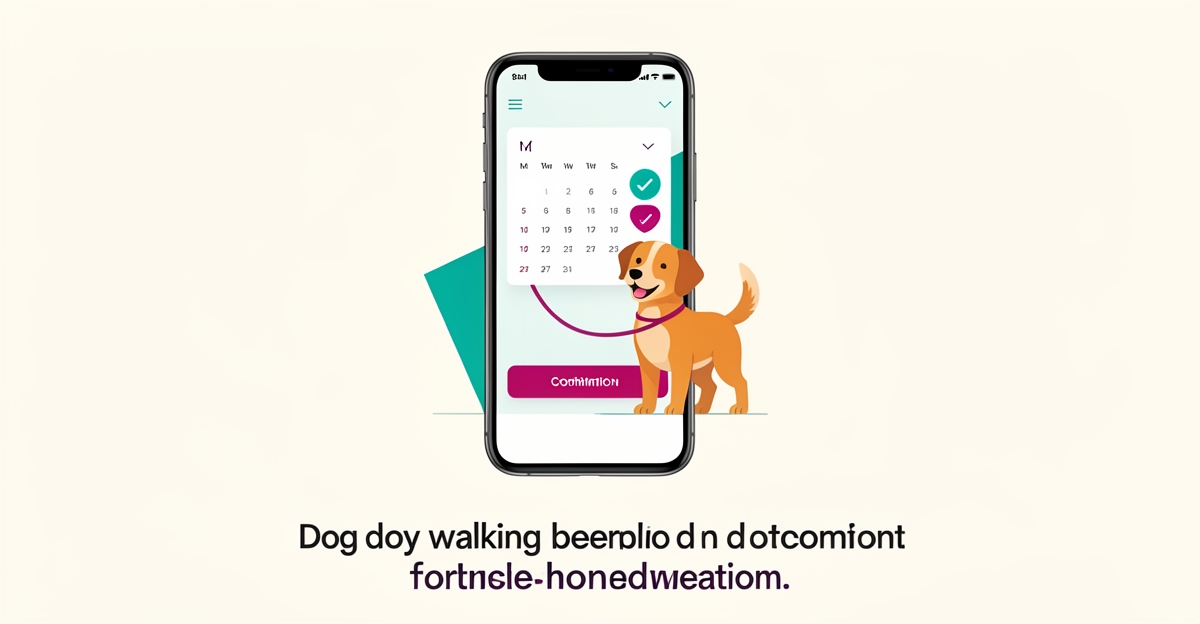 Flat illustration of a smartphone with a dog walking booking app beside a leashed dog, accented in teal and magenta.