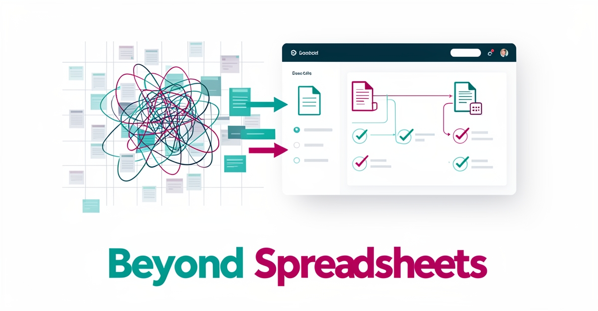Flat illustration of a tangled spreadsheet transforming into an organized CRM dashboard with teal and magenta accents, headlined Beyond Spreadsheets.