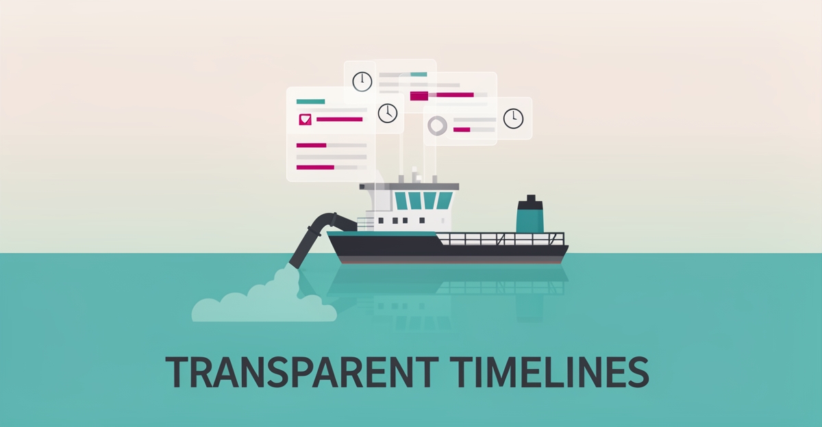 Flat illustration of a dredging vessel with floating timeline and data panels, symbolizing transparent project scheduling for dredging firms.
