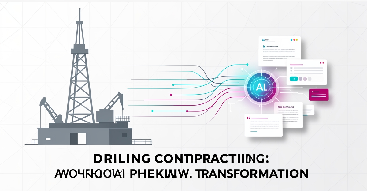 Flat illustration showing manual drilling quotes transforming into instant AI automated quoting with rig and data flow accents.