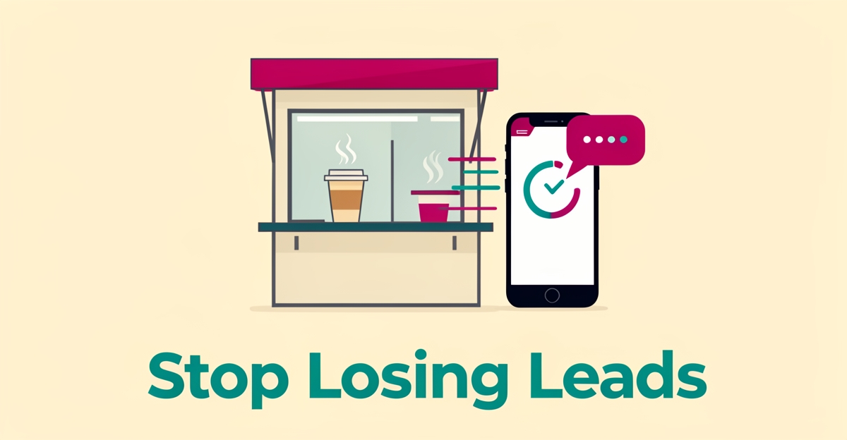 Flat illustration of a drive-thru coffee stand with a smartphone showing instant website response, accented in teal and magenta.