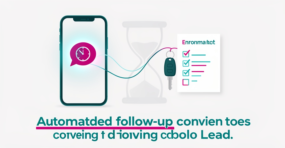 Flat illustration of a smartphone with AI chat follow-up connecting to a driving school enrollment checklist, accented in teal and magenta.