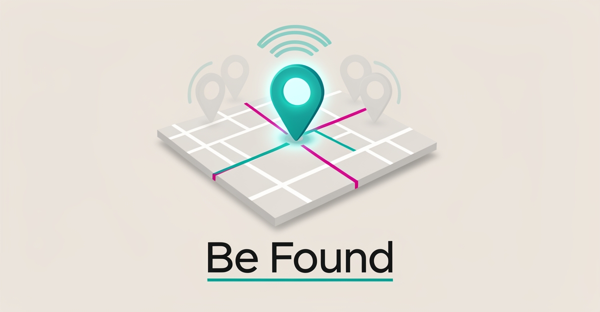 Flat illustration of a service area map with a glowing pin and signal waves, headline reading Be Found.