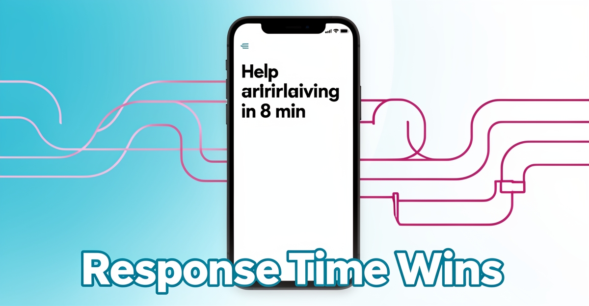 A smartphone screen showing a real-time emergency plumber response time estimate of 'Help arriving in 8 min' on a clean modern interface with brand color accents, no people or logos.