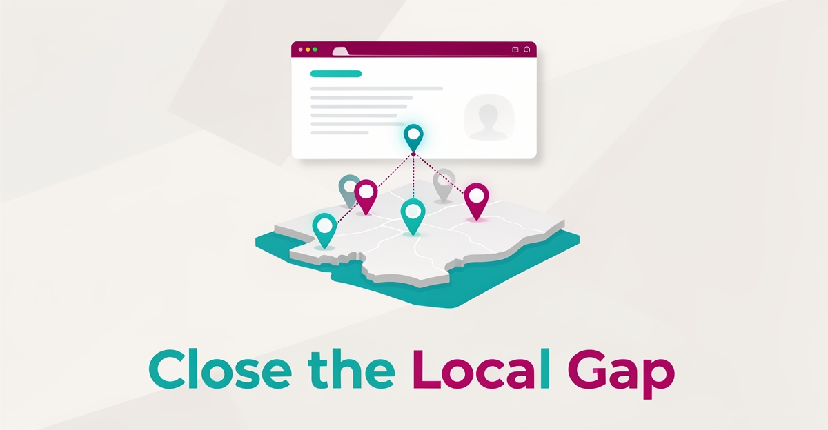 Flat illustration of a map with glowing location pins linked to a website window, symbolizing energy brokers capturing local search leads.