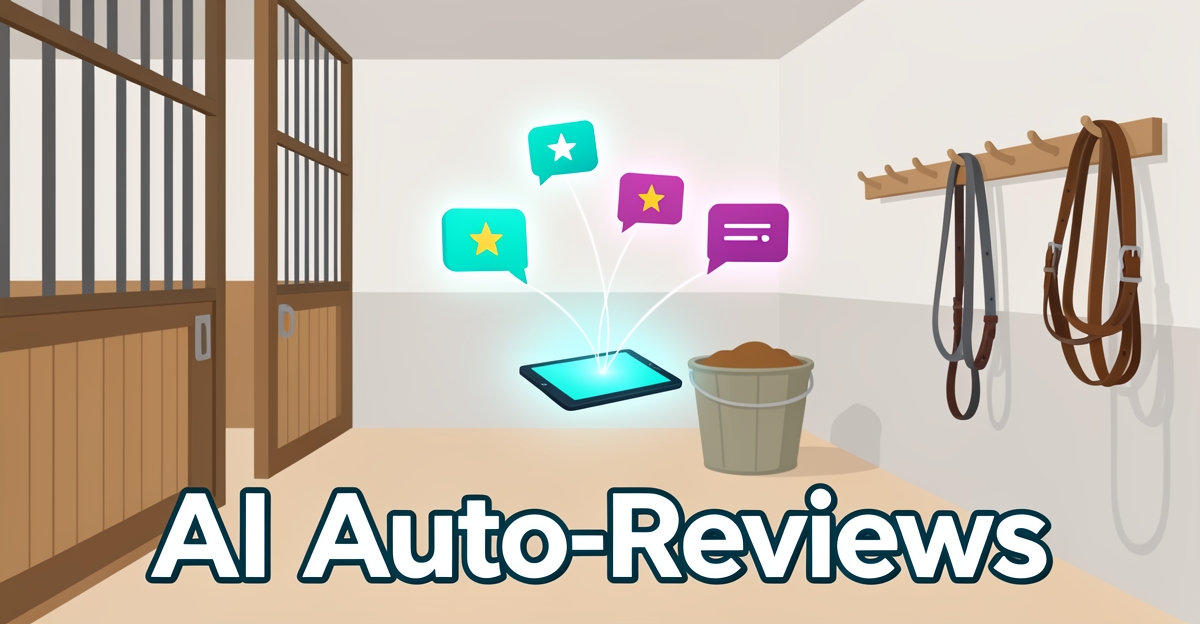 Flat illustration of a horse stable with digital notification icons showing AI automating review requests from portal and messaging activity, brand-colored accents.