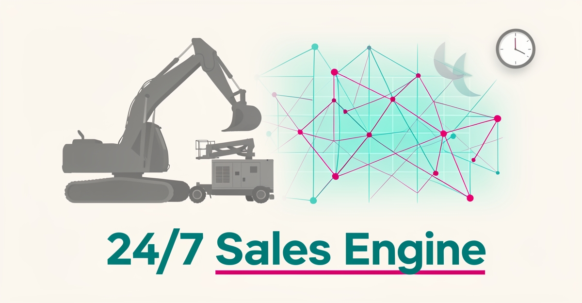Flat illustration of rental equipment transforming into a glowing AI-powered 24/7 sales network in teal and magenta.